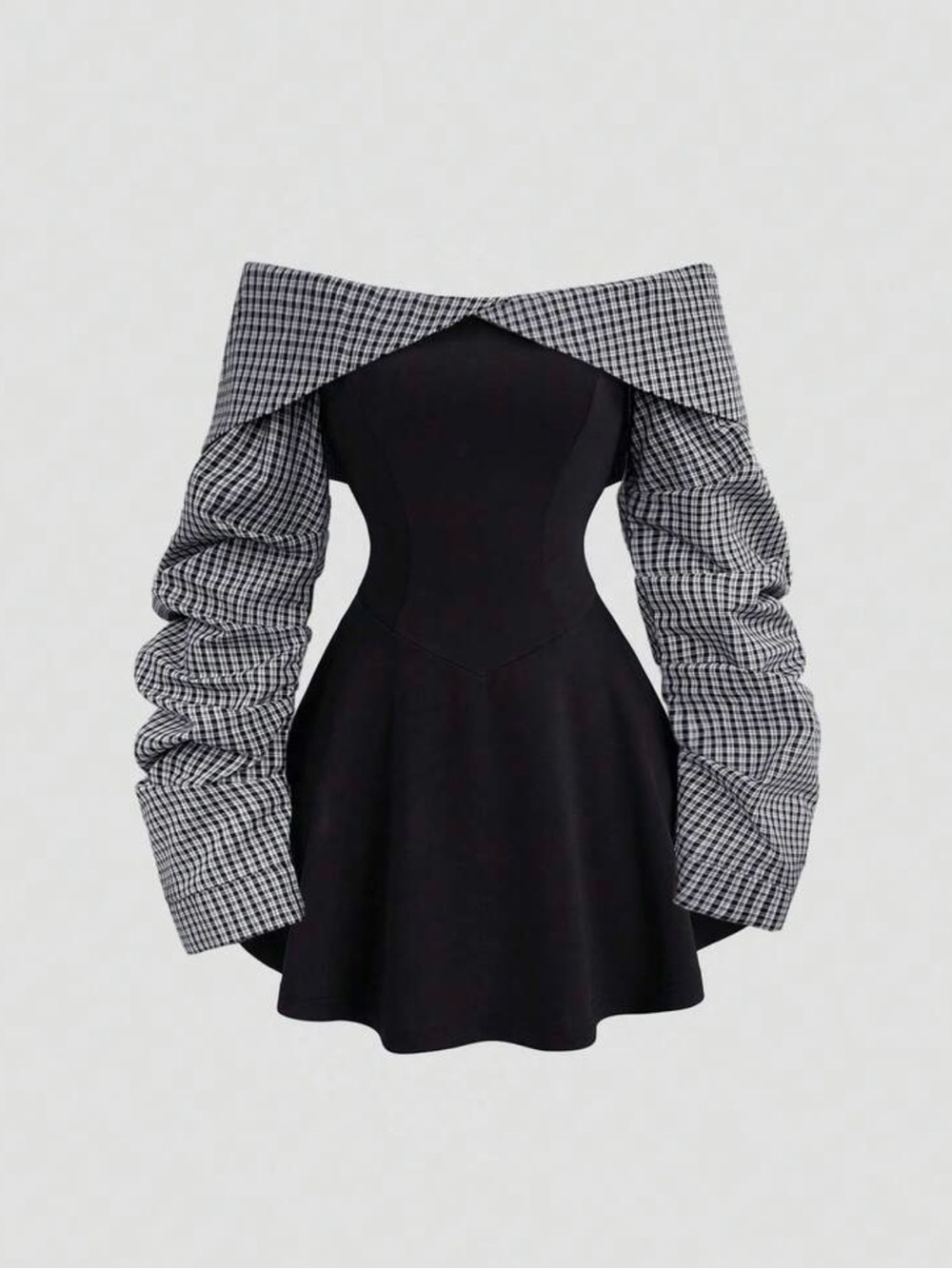 Off-Shoulder Black Dress with Gingham Sleeves